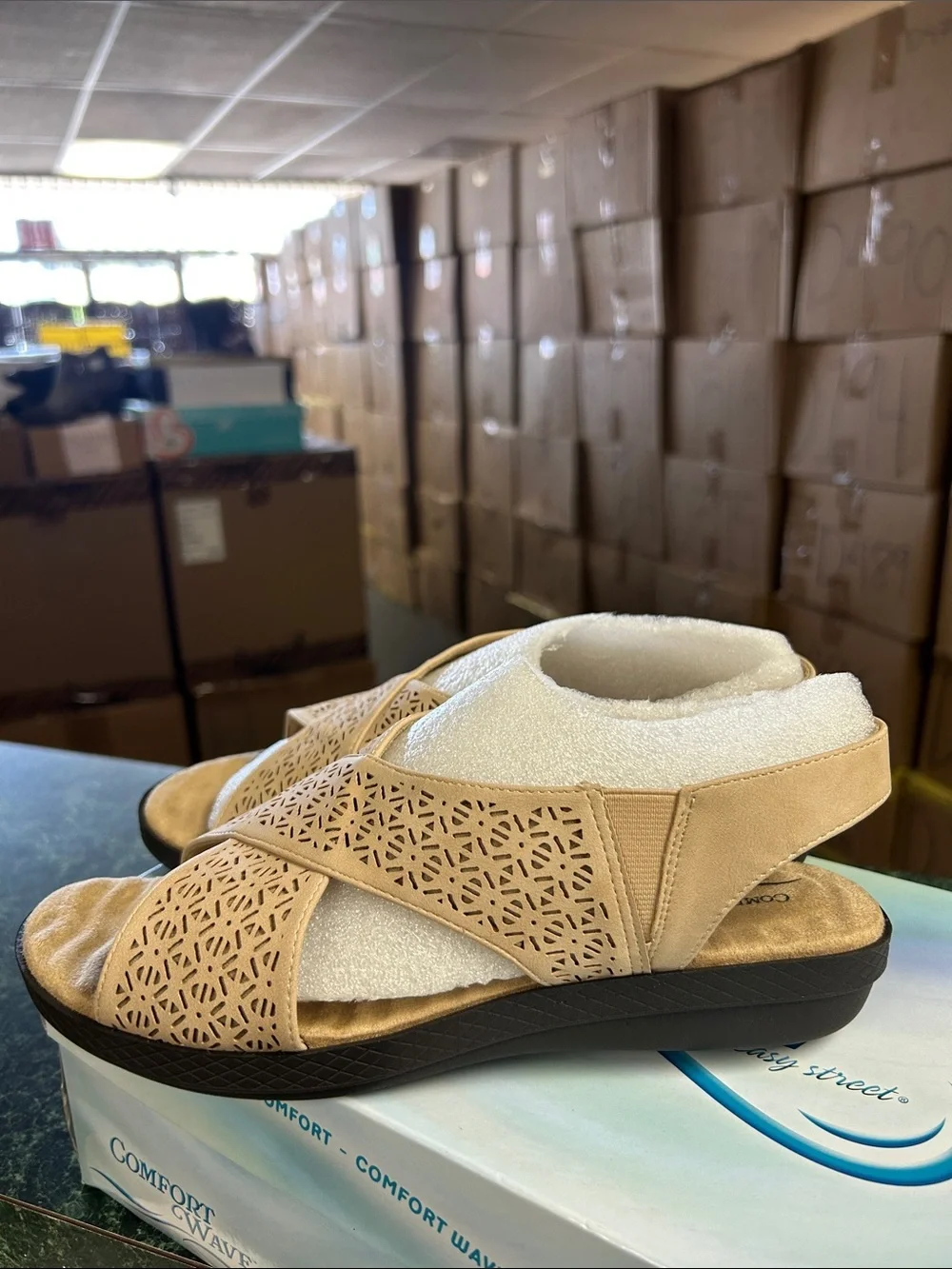 easy street Beige Laser-Cut Crisscross Comfort Sandals (Wide)